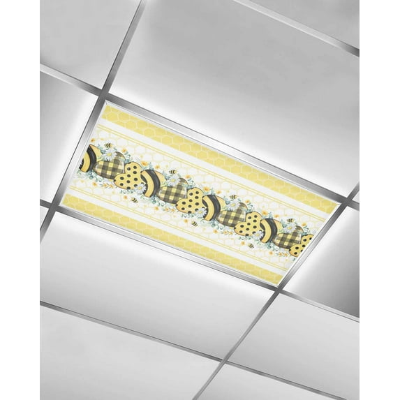Fluorescent Light Covers for Ceiling Lights 1 Pack,Eucalyptus Leaves Magnetic Ceiling Light Covers 2x4 Feet for Classroom Office School,Yellow Love Heart Summer Bee Overhead Drop Ceiling Light Shade