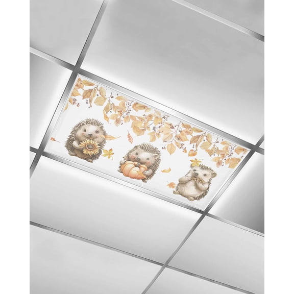 Fluorescent Light Covers for Ceiling Lights 1 Pack, Fall Hedgehog Magnetic Ceiling Light Covers 2x4 Feet for Classroom Office School, Pumpkins Maple Leaf Orange Overhead Drop Ceiling Light Shade