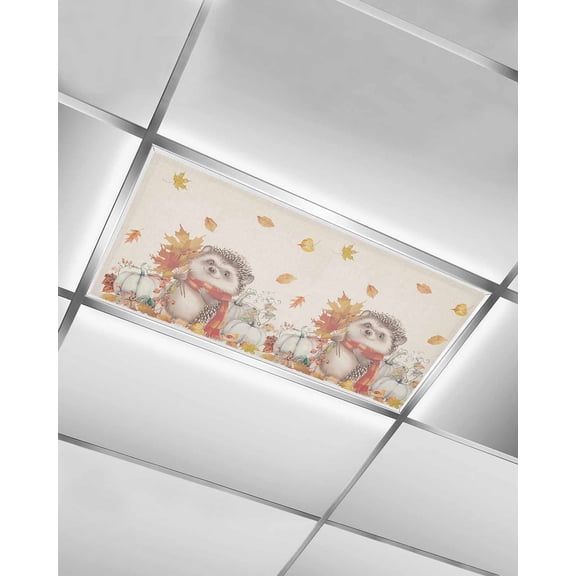 Fluorescent Light Covers for Ceiling Lights 1 Pack, Fall Hedgehog Magnetic Ceiling Light Covers 2x4ft for Classroom Office School, Maple Leaf Pumpkins Thanksgiving Rustic Drop Ceiling Light Shade
