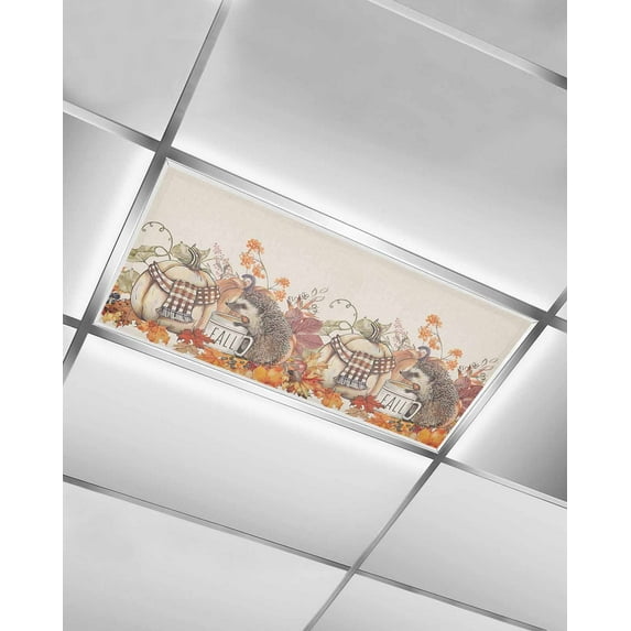 Fluorescent Light Covers for Ceiling Lights 1 Pack, Fall Pumpkin Hedgehog Magnetic Ceiling Light Covers 2x4 Feet for Classroom Office School, Rustic Thanksgiving Overhead Drop Ceiling Light Shade