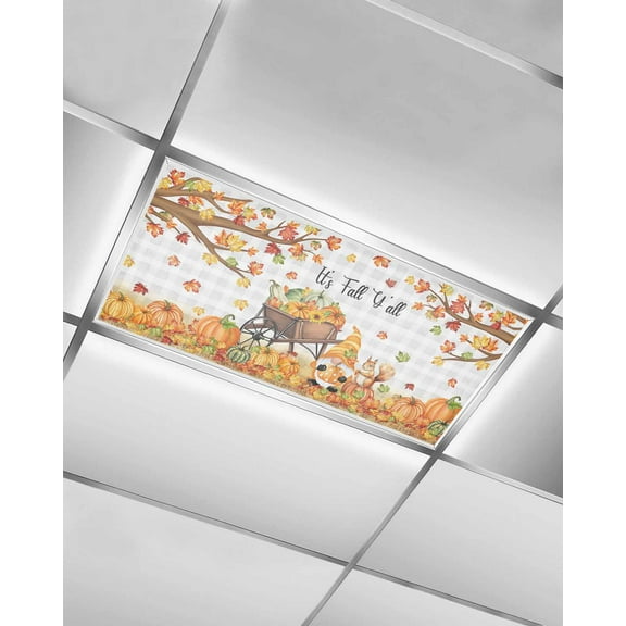 Fluorescent Light Covers for Ceiling Lights 1 Pack, Fall Pumpkins Gnomes Magnetic Ceiling Light Covers 2x4ft for Classroom Office School, Thanksgiving Maple Leaf Plaid Drop Ceiling Light Shade