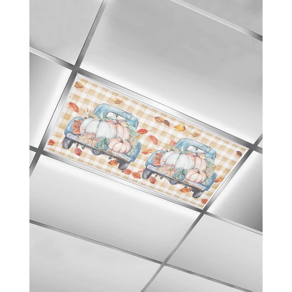 Fluorescent Light Covers for Ceiling Lights 1 Pack, Fall Pumpkins Truck Magnetic Ceiling Light Covers 2x4ft for Classroom Office School, Orange Plaid Thanksgiving Maple Leaf Drop Ceiling Light Shade