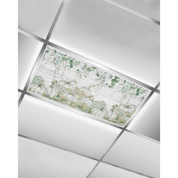 Fluorescent Light Covers for Ceiling Lights 1 Pack, Fall Sage Green Pumpkins Magnetic Ceiling Light Covers 2x4ft for Classroom Office School, Thanksgiving Maple Leaf Vintage Drop Ceiling Light Shade