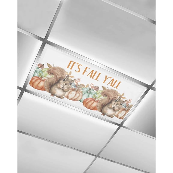 Fluorescent Light Covers for Ceiling Lights 1 Pack,Fall Squirrel Magnetic Ceiling Light Covers 2x4 Feet for Classroom Office School,Thanksgiving Pumpkins Maple Leaf Overhead Drop Ceiling Light Shade