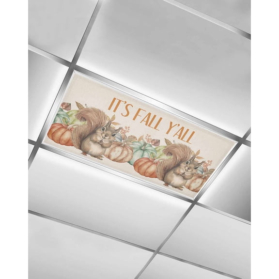 Fluorescent Light Covers for Ceiling Lights 1 Pack, Fall Squirrel Magnetic Ceiling Light Covers 2x4ft for Classroom Office School, Thanksgiving Pumpkins Maple Leaf Rustic Drop Ceiling Light Shade