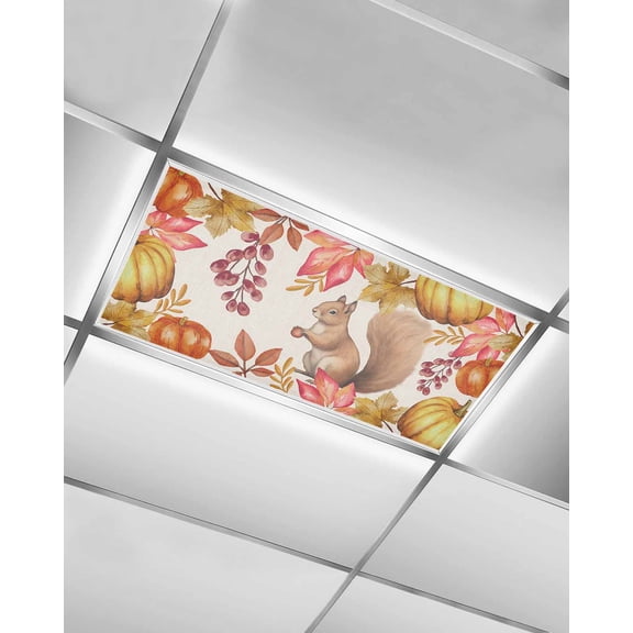 Fluorescent Light Covers for Ceiling Lights 1 Pack, Fall Squirrel Magnetic Ceiling Light Covers 2x4ft for Classroom Office School, Yellow Orange Pumpkins Botanical Rustic Drop Ceiling Light Shade