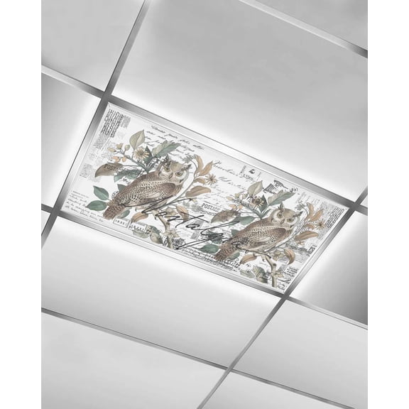 Fluorescent Light Covers for Ceiling Lights 1 Pack,Farmhouse Owl Magnetic Ceiling Light Covers 2x4ft for Classroom Office School,Country Envelope Postmark Botancial Overhead Drop Ceiling Light Shade