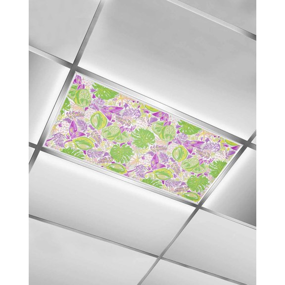 Fluorescent Light Covers for Ceiling Lights 1 Pack, Green Purple Botanical Magnetic Ceiling Light Covers 2x4ft for Classroom Office School, Summer Tropical Plants Watercolor Drop Ceiling Light Shade