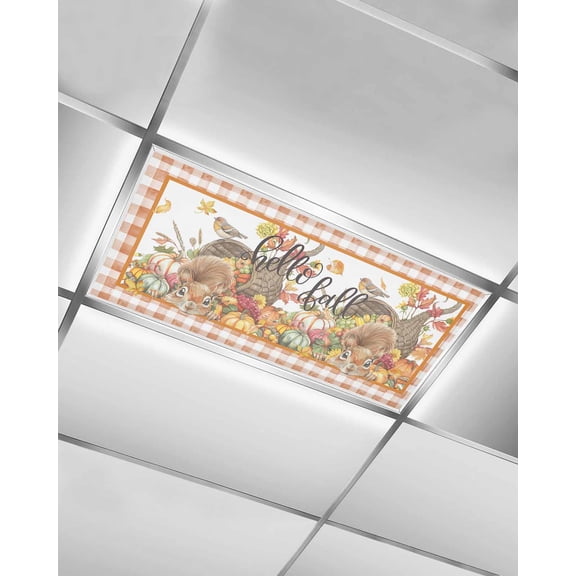 Fluorescent Light Covers for Ceiling Lights 1 Pack, Hello Fall Squirrel Magnetic Ceiling Light Covers 2x4ft for Classroom Office School, Orange Plaid Thanksgiving Pumpkins Drop Ceiling Light Shade