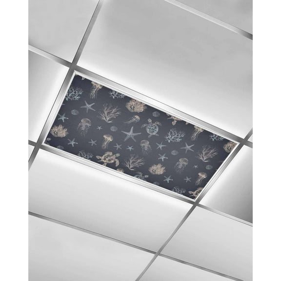 Fluorescent Light Covers for Ceiling Lights 1 Pack, Navy Blue Coastal Magnetic Ceiling Light Covers 2x4ft for Classroom Office, Nautical Summer Beach Sea Turtle Starfish Drop Ceiling Light Shade