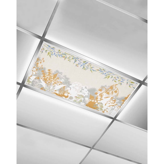 Fluorescent Light Covers for Ceiling Lights 1 Pack, Orange Spring Floral Magnetic Ceiling Light Covers 2x4 Feet for Classroom Office School, Summer Botanical Rustic Overhead Drop Ceiling Light Shade