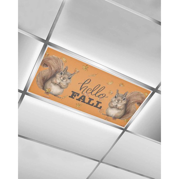 Fluorescent Light Covers for Ceiling Lights 1 Pack, Orange Squirrel Hello Fall Magnetic Ceiling Light Covers 2x4ft for Classroom Office School, Maple Leaf Thanksgiving Drop Ceiling Light Shade