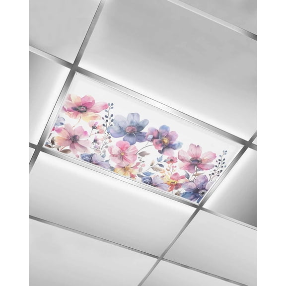 Fluorescent Light Covers for Ceiling Lights 1 Pack, Pink Blue Spring Floral Magnetic Ceiling Light Covers 2x4ft for Classroom Office School, Summer Botanical Watercolor Drop Ceiling Light Shade