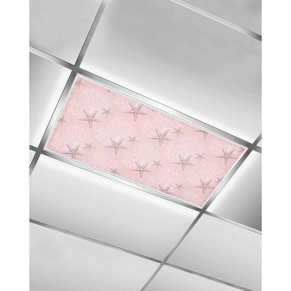 Fluorescent Light Covers for Ceiling Lights 1 Pack,Pink Coastal Magnetic Ceiling Light Covers 2x4ft for Classroom Office School,Nautical Summer Beach Coral Starfish Overhead Drop Ceiling Light Shade