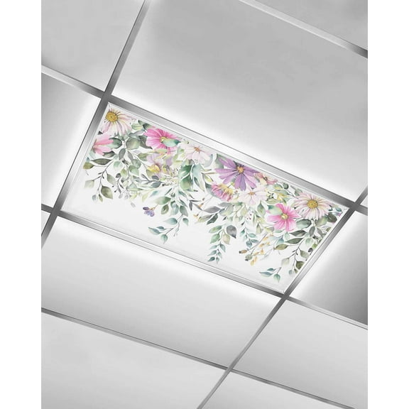 Fluorescent Light Covers for Ceiling Lights 1 Pack, Pink Purple Flowers Magnetic Ceiling Light Covers 2x4ft for Classroom Office, Spring Floral Eucalyptus Leaves Botanical Drop Ceiling Light Shade