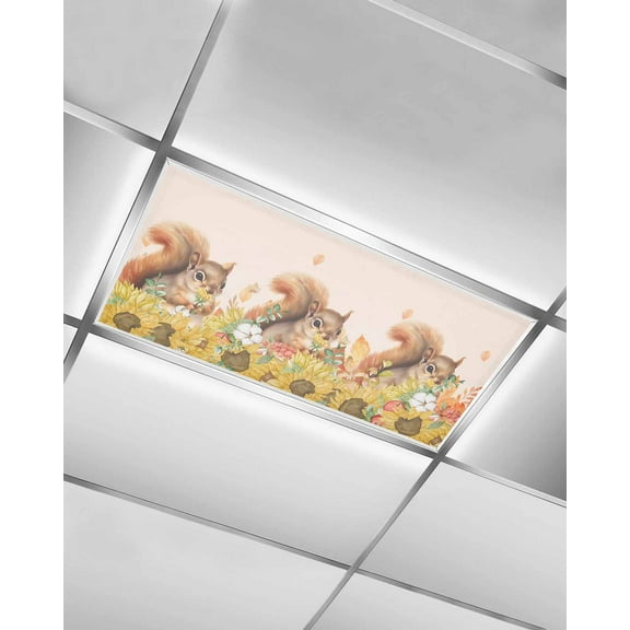 Fluorescent Light Covers for Ceiling Lights 1 Pack, Pink Squirrel Fall Magnetic Ceiling Light Covers 2x4ft for Classroom Office School, Thanksgiving Sunflower Maple Leaf Drop Ceiling Light Shade