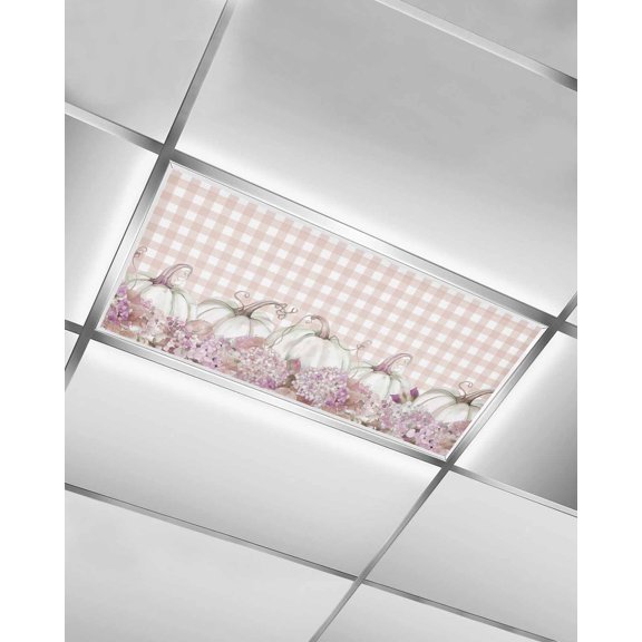 Fluorescent Light Covers for Ceiling Lights 1 Pack, Red Pumpkins Floral Fall Magnetic Ceiling Light Covers 2x4ft for Classroom Office School, Thanksgiving Plaid Watercolor Drop Ceiling Light Shade