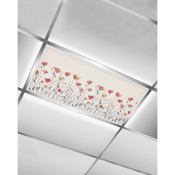 Fluorescent Light Covers for Ceiling Lights 1 Pack, Red Yellow Spring Floral Magnetic Ceiling Light Covers 2x4 Feet for Classroom Office School, Modern Abstract Art Overhead Drop Ceiling Light Shade