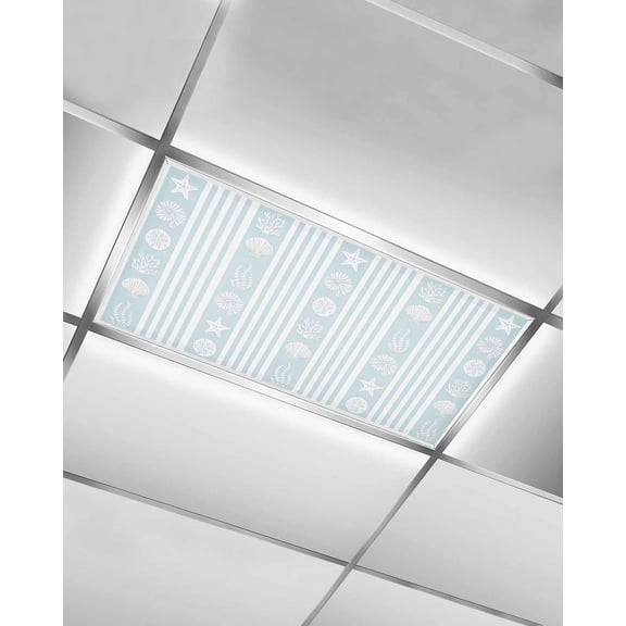 Fluorescent Light Covers for Ceiling Lights 1 Pack, Sky Blue Striped Coastal Magnetic Ceiling Light Covers 2x4ft for Classroom Office School, Nautical Beach Starfish Shell Drop Ceiling Light Shade