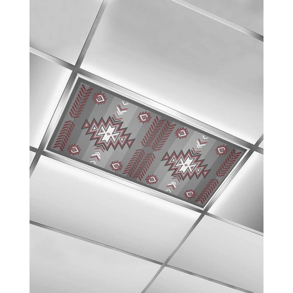 Fluorescent Light Covers for Ceiling Lights 1 Pack, Southwestern Red Grey Magnetic Ceiling Light Covers 2x4 Feet for Classroom Office School, Boho Ethnic Geometric Overhead Drop Ceiling Light Shade