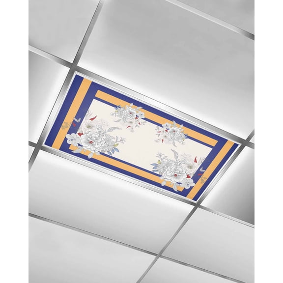 Fluorescent Light Covers for Ceiling Lights 1 Pack, Spring Floral Magnetic Ceiling Light Covers 2x4ft for Classroom Office School, Blue Orange Striped Summer Botanical Drop Ceiling Light Shade