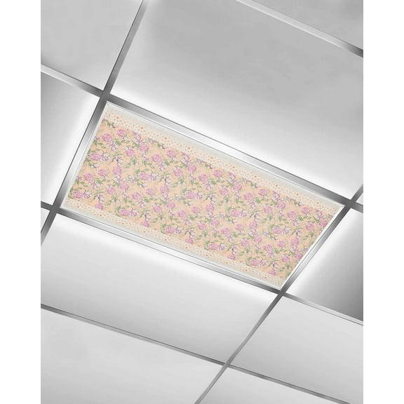 Fluorescent Light Covers for Ceiling Lights 1 Pack, Spring Floral Magnetic Ceiling Light Covers 2x4ft for Classroom Office School, Pink Summer Botanical Polka Dot Rustic Drop Ceiling Light Shade