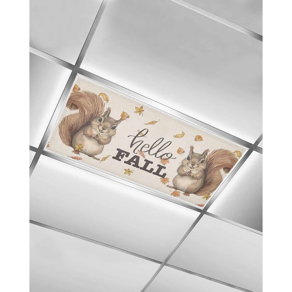 Fluorescent Light Covers for Ceiling Lights 1 Pack, Squirrel Hello Fall Magnetic Ceiling Light Covers 2x4ft for Classroom Office School, Maple Leaf Thanksgiving Rustic Drop Ceiling Light Shade