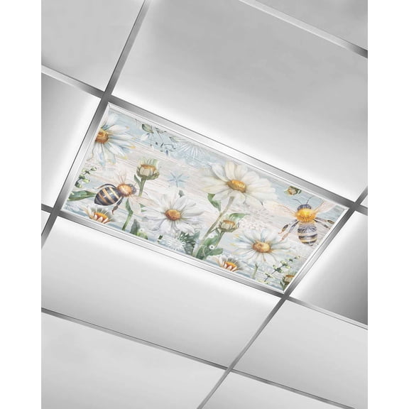 Fluorescent Light Covers for Ceiling Lights 1 Pack, Summer Botanical Magnetic Ceiling Light Covers 2x4ft for Classroom Office School, White Daisy Botanical Bee Farmhouse Drop Ceiling Light Shade
