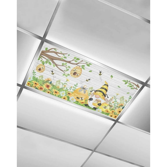 Fluorescent Light Covers for Ceiling Lights 1 Pack,Summer Gnomes Magnetic Ceiling Light Covers 2x4ft for Classroom Office School,Bee Spring Floral Botanical Vintage Overhead Drop Ceiling Light Shade