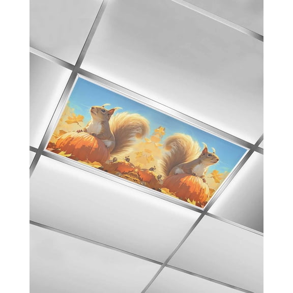 Fluorescent Light Covers for Ceiling Lights 1 Pack, Thanksgiving Squirrel Magnetic Ceiling Light Covers 2x4ft for Classroom Office School, Fall Maple Leaf Orange Pumpkins Drop Ceiling Light Shade