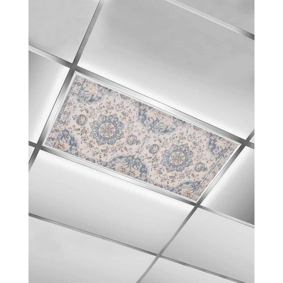 Fluorescent Light Covers for Ceiling Lights 1 Pack, Vintage Blue Boho Magnetic Ceiling Light Covers 2x4ft for Classroom Office School, Southwestern Ethnic Mexican Flowers Drop Ceiling Light Shade