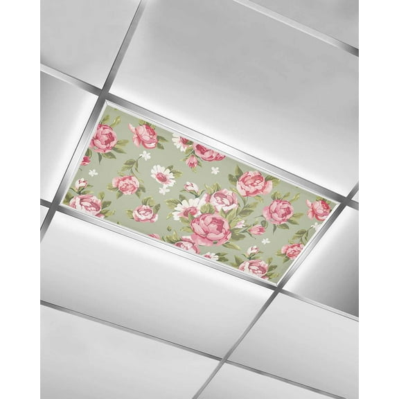 Fluorescent Light Covers for Ceiling Lights 1 Pack, Vintage Pink Spring Floral Magnetic Ceiling Light Covers 2x4ft for Classroom Office School, Summer Botanical Sage Green Drop Ceiling Light Shade