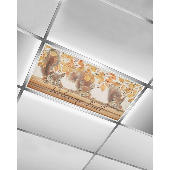 Fluorescent Light Covers for Ceiling Lights 1 Pack, Welcome Fall Squirrel Magnetic Ceiling Light Covers 2x4ft for Classroom Office School, Thanksgiving Botanical Rustic Drop Ceiling Light Shade