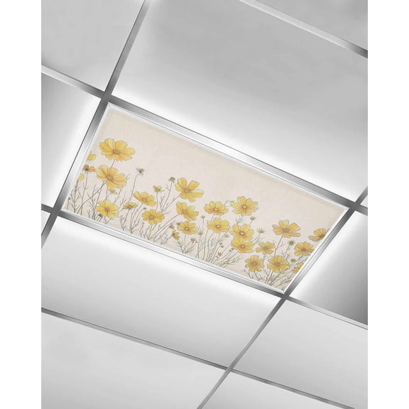 Fluorescent Light Covers for Ceiling Lights 1 Pack, Yellow Spring Floral Magnetic Ceiling Light Covers 2x4ft for Classroom Office School, Summer Botanical Rustic Daisy Drop Ceiling Light Shade