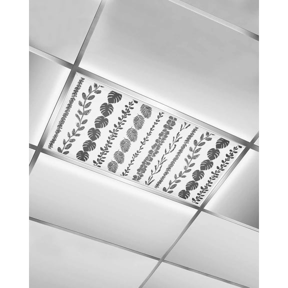 Fluorescent Light Covers for Ceiling Lights 1 Piece, Black Botanical Magnetic Classroom Light Covers 4x2 Feet, Summer Botanical Leaf Vertical Stripes Fluorescent Ceiling Filters for Office Classroom
