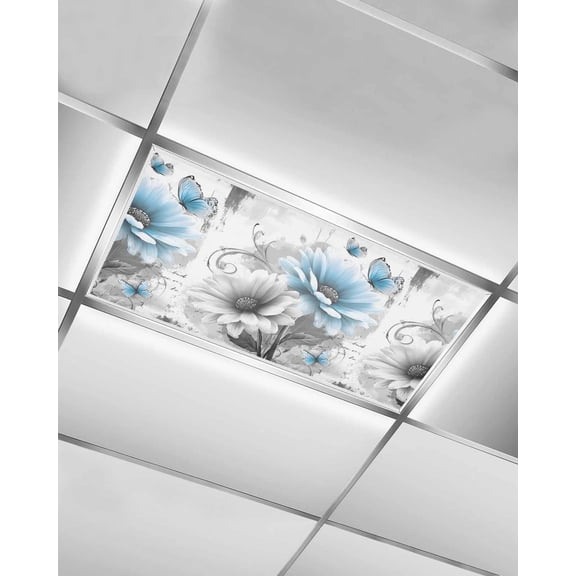 Fluorescent Light Covers for Ceiling Lights 1 Piece, Blue Grey Spring Floral Magnetic Classroom Light Covers 4x2 Feet, Summer Botanical Flowers Butterfly Fluorescent Ceiling Filters for Office