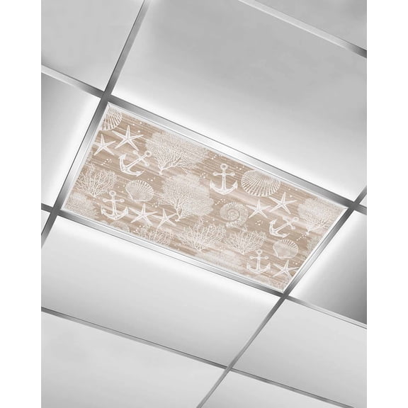 Fluorescent Light Covers for Ceiling Lights 1 Piece, Brown Anchor Nautical Magnetic Classroom Light Covers 4x2 Feet, Coastal Beach Coral Starfish Fluorescent Ceiling Filters for Office Classroom
