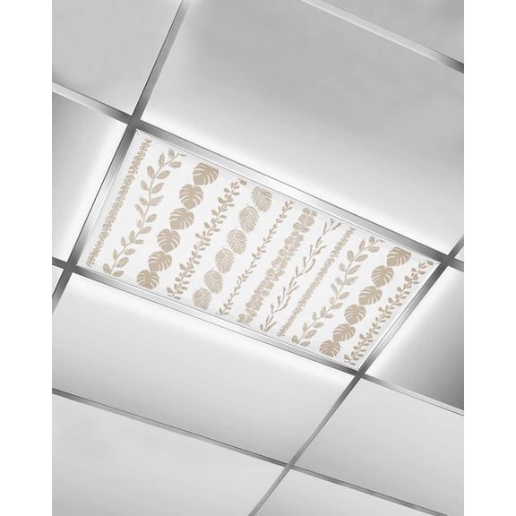 Fluorescent Light Covers for Ceiling Lights 1 Piece, Brown Botanical Magnetic Classroom Light Covers 4x2 Feet, Summer Botanical Leaf Vertical Stripes Fluorescent Ceiling Filters for Office Classroom