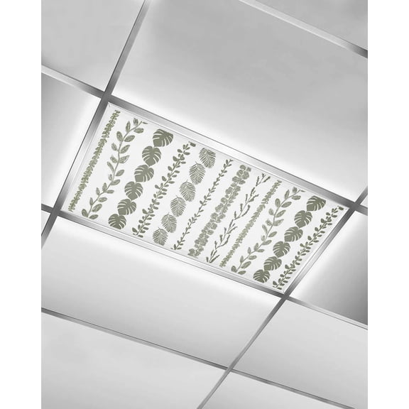 Fluorescent Light Covers for Ceiling Lights 1 Piece, Dark Sage Green Botanical Magnetic Classroom Light Covers 4x2 Feet, Summer Botanical Leaf Vertical Stripes Fluorescent Ceiling Filters for Office