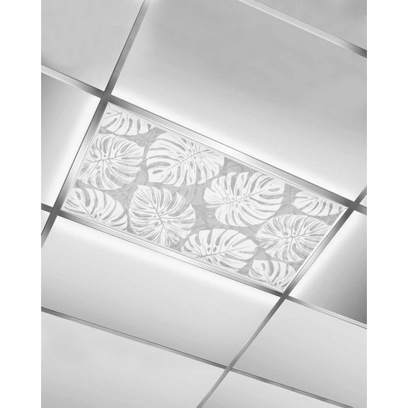 Fluorescent Light Covers for Ceiling Lights 1 Piece, Gery Monstera Deliciosa Magnetic Classroom Light Covers 4x2 Feet, Summer Botanical Tropical Fluorescent Ceiling Filters for Office Classroom