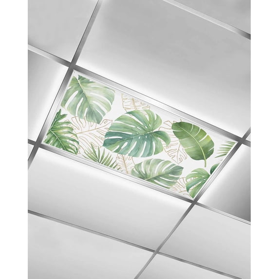 Fluorescent Light Covers for Ceiling Lights 1 Piece, Green Monstera Leaves Magnetic Classroom Light Covers 4x2 Feet, Tropical Summer Botanical Fluorescent Ceiling Filters for Office Classroom