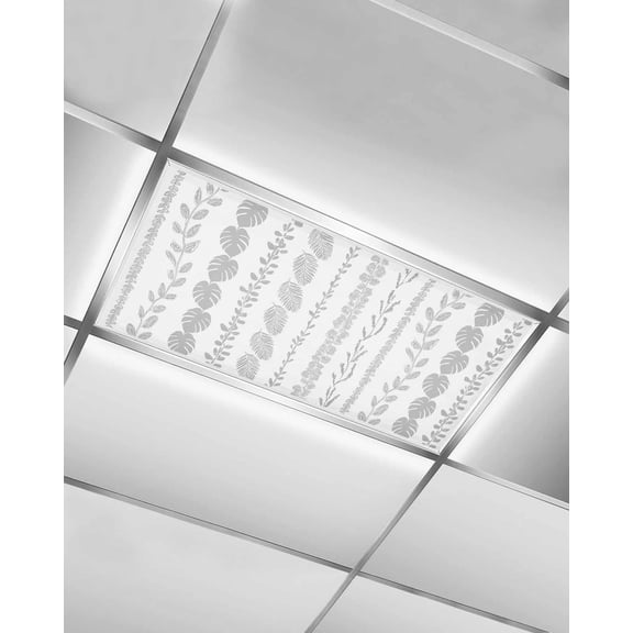 Fluorescent Light Covers for Ceiling Lights 1 Piece, Grey Botanical Magnetic Classroom Light Covers 4x2 Feet, Summer Botanical Leaf Vertical Stripes Fluorescent Ceiling Filters for Office Classroom