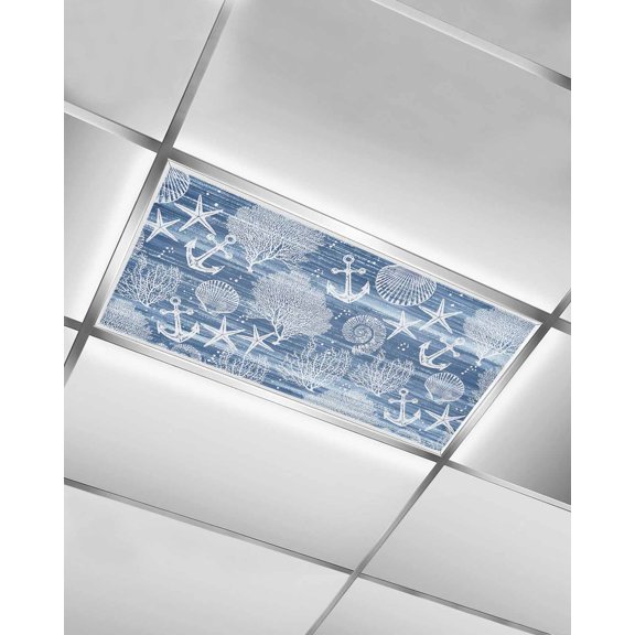 Fluorescent Light Covers for Ceiling Lights 1 Piece, Navy Blue Anchor Nautical Magnetic Classroom Light Covers 4x2 Feet, Coastal Beach Coral Starfish Fluorescent Ceiling Filters for Office Classroom