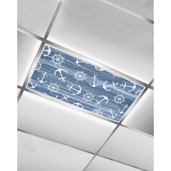 Fluorescent Light Covers for Ceiling Lights 1 Piece, Navy Blue Anchor Nautical Magnetic Classroom Light Covers 4x2 Feet, Coastal Rudder Beach Fluorescent Ceiling Filters for Office Classroom