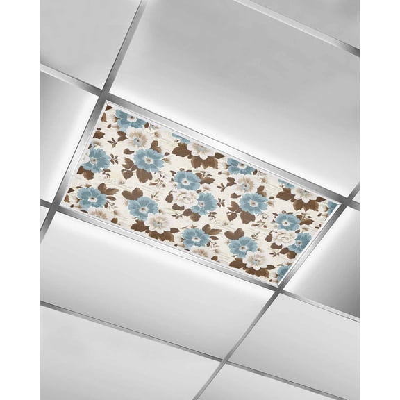 Fluorescent Light Covers for Ceiling Lights 1 Piece, Teal Brown Spring Floral Magnetic Classroom Light Covers 4x2 Feet, Vintage Botanical Summer Fluorescent Ceiling Filters for Office Classroom