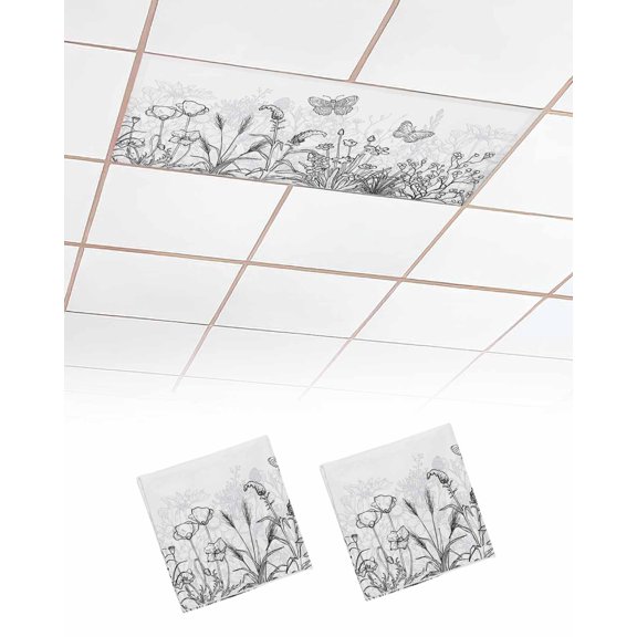 Fluorescent Light Covers for Ceiling Lights 2 Pack, Black Spring Floral Magnetic Ceiling Light Covers 2x4ft for Classroom Office School, Summer Botanical Butterfly Modern Drop Ceiling Light Shade