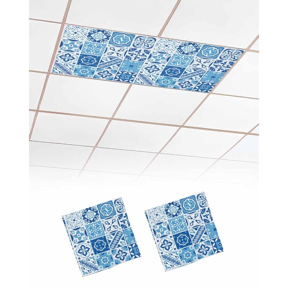 Fluorescent Light Covers for Ceiling Lights 2 Pack,Blue Boho Magnetic Ceiling Light Covers 2x4 Feet for Classroom Office School,Modern Geometric Abstract Aesthetics Overhead Drop Ceiling Light Shade
