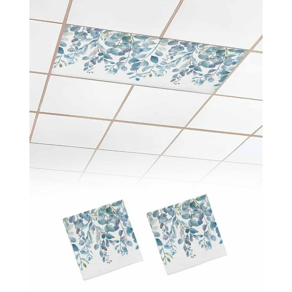 Fluorescent Light Covers for Ceiling Lights 2 Pack, Blue Eucalyptus Leaves Magnetic Ceiling Light Covers 2x4ft for Classroom Office School, Watercolor Botanical Weeping Drop Ceiling Light Shade