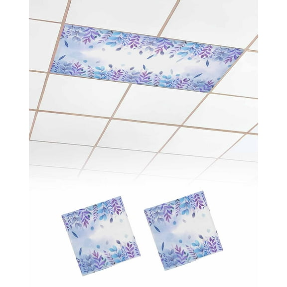 Fluorescent Light Covers for Ceiling Lights 2 Pack, Blue Purple Botanical Magnetic Ceiling Light Covers 2x4ft for Classroom Office School, Watercolor Pastoral Weeping Leaf Drop Ceiling Light Shade