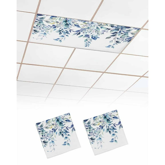 Fluorescent Light Covers for Ceiling Lights 2 Pack, Blue Teal Eucalyptus Leaves Magnetic Ceiling Light Covers 2x4ft for Classroom Office School, Watercolor Weeping Botanical Drop Ceiling Light Shade